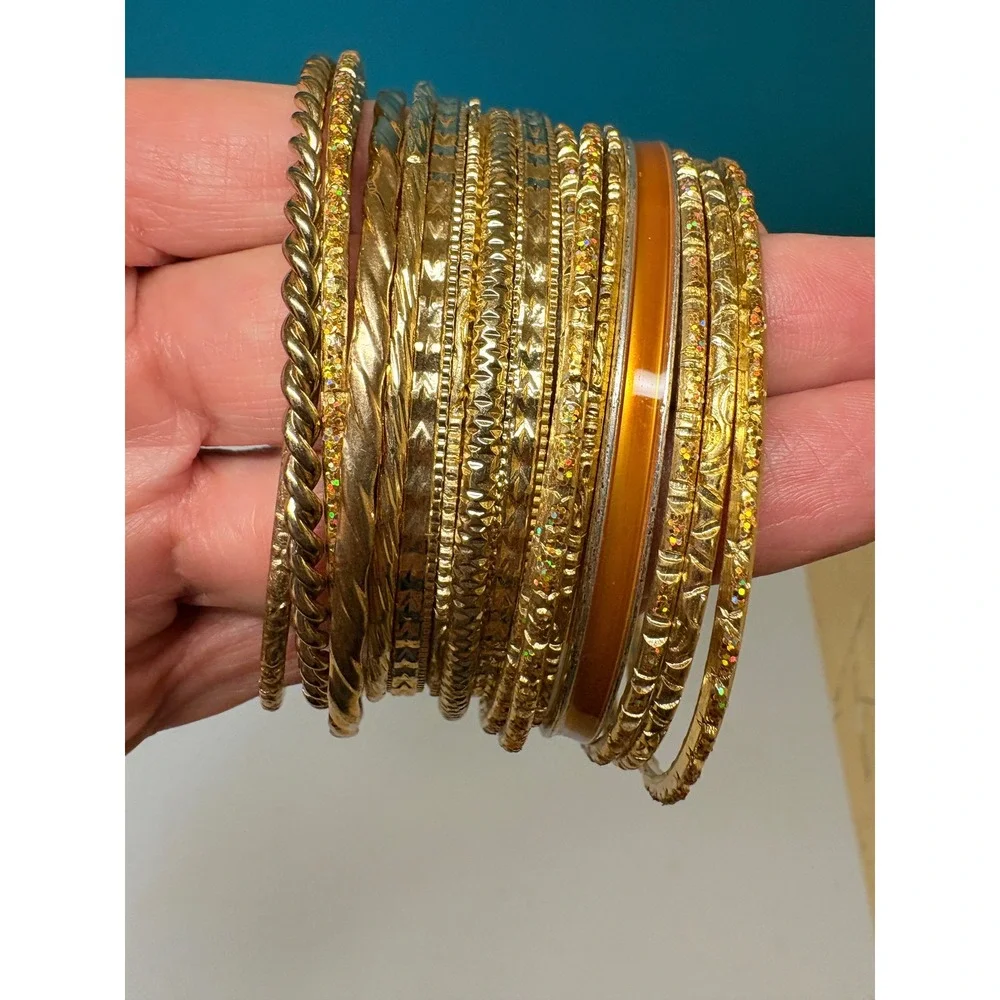 Gold Tone Bangle Bracelet Set 17pc Textured Glitter Orange Boho Stackable